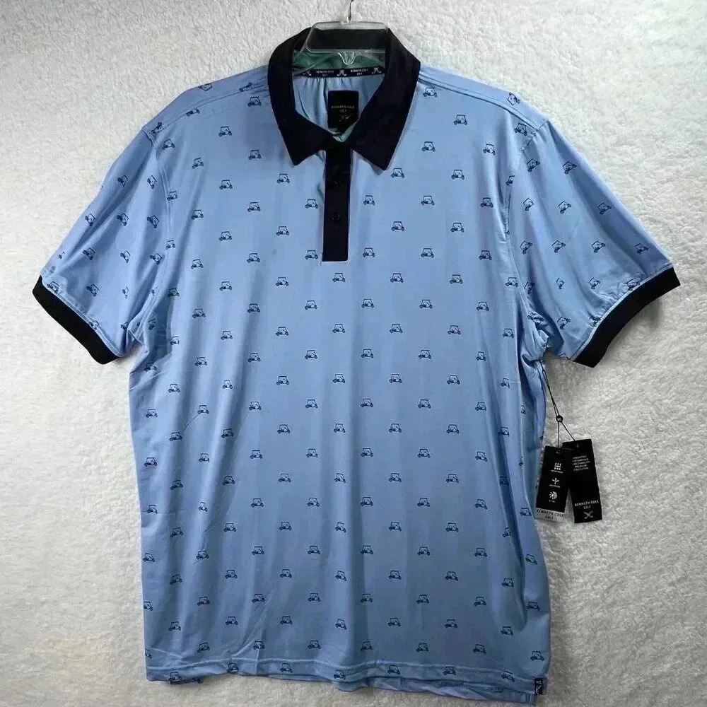 Kenneth Cole Mens New Blue Golf Cart Print Polo Shirt Athleisure Stretch SZ 1XL